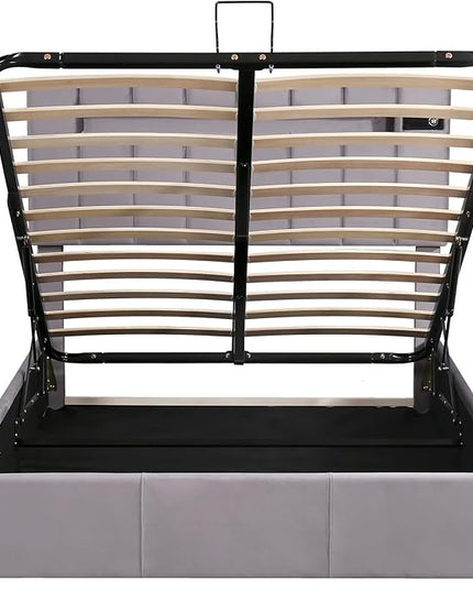 Upholstered Bed Full Size with LED light, Lift Up Storage with Bed Bluetooth Player and USB Charging, Hydraulic Storage Bed with Sturdy Slat Support, Velvet Fabric Bedframe for Kids, Adults - LeafyLoom