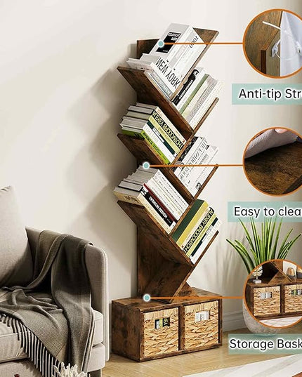 Vagusicc 6 Tier Tree Bookshelf - Retro Shelf Floor Standing Bookcase with Baskets, Tall Wood Book Storage Rack for Books/CDs, Tree Utility Book Organizer Shelves for Living Room, Home Office, Bedroom - LeafyLoom