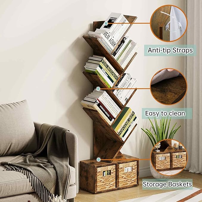 Vagusicc 6 Tier Tree Bookshelf - Retro Shelf Floor Standing Bookcase with Baskets, Tall Wood Book Storage Rack for Books/CDs, Tree Utility Book Organizer Shelves for Living Room, Home Office, Bedroom - LeafyLoom