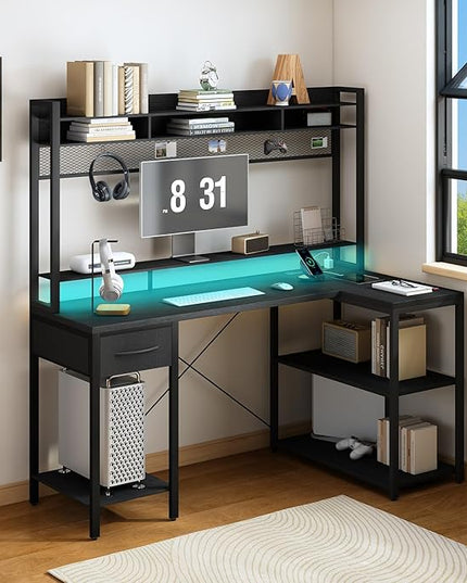 TOARTi 47" L Shaped Computer Desk with Hutch, Office Writing Desk with Power Outlets&LED Ligtht, Gaming Corner Desk with Long Monitor Shelf for Home Office, Classic Black - LeafyLoom