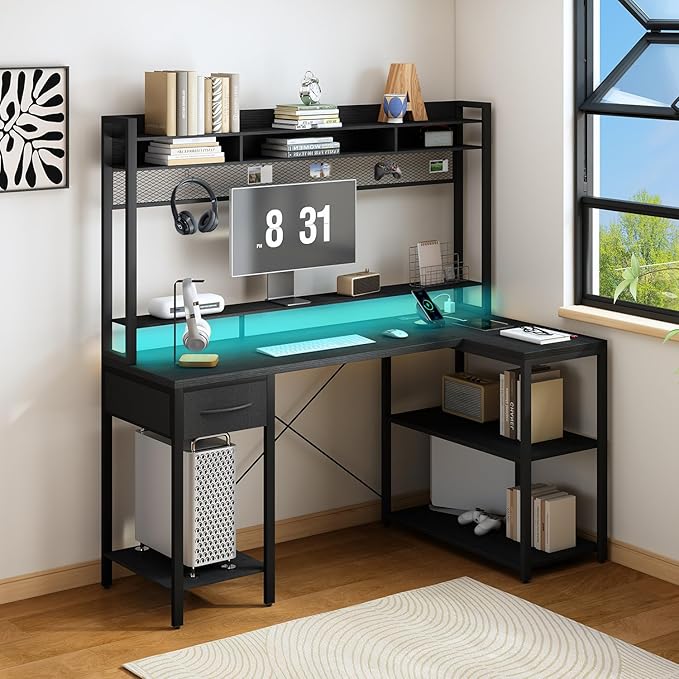 TOARTi 47" L Shaped Computer Desk with Hutch, Office Writing Desk with Power Outlets&LED Ligtht, Gaming Corner Desk with Long Monitor Shelf for Home Office, Classic Black - LeafyLoom