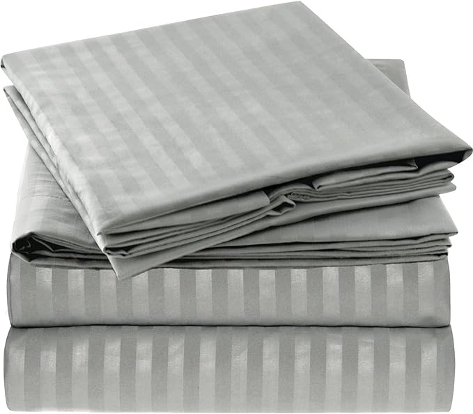 Mellanni Queen Sheets Set - 4 PC Iconic Collection Bedding Sheets & Pillowcases - Hotel Luxury, Extra Soft, Cooling Bed Sheets - Deep Pocket up to 16 inch (Queen, Striped Gray/Silver) - LeafyLoom