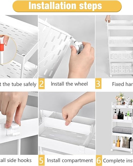 AROGAN Rolling Storage Cart with Wheels, 4 Tier Bathroom Storage Cart Laundry Room Organizer, Rolling Utility Cart for Kitchen, Bathroom, Laundry Room, Office, Narrow Place (White) - LeafyLoom