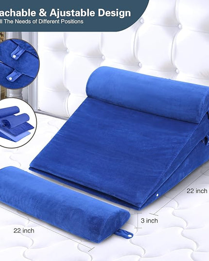 Bed Wedge Pillow Set 4Pcs for Sleeping,Elevation,Assist in Post Surgery Recovery,Acid Reflux,GERD,Snoring,Full Meory Foam,Washable Velvet Cover Roya Blue - LeafyLoom