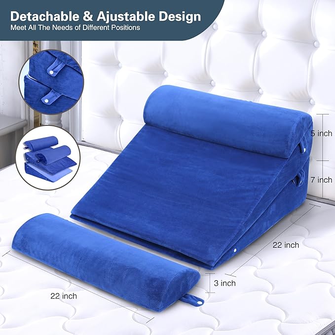 Bed Wedge Pillow Set 4Pcs for Sleeping,Elevation,Assist in Post Surgery Recovery,Acid Reflux,GERD,Snoring,Full Meory Foam,Washable Velvet Cover Roya Blue - LeafyLoom