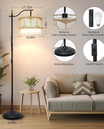 Frideko Boho Floor Lamp with Remote Control & Dimmable LED Bulb, Rattan Standing Lamp with 3 Color Temperatures, Bright Farmhouse Floor Light, Rustic Corner Floor Lamp, Tall Floor Lamp for Living Room - LeafyLoom