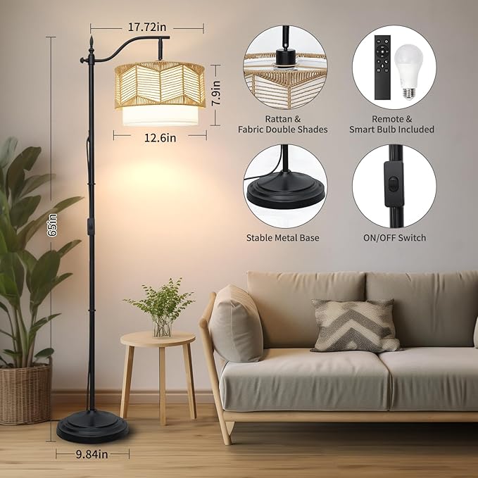 Frideko Boho Floor Lamp with Remote Control & Dimmable LED Bulb, Rattan Standing Lamp with 3 Color Temperatures, Bright Farmhouse Floor Light, Rustic Corner Floor Lamp, Tall Floor Lamp for Living Room - LeafyLoom