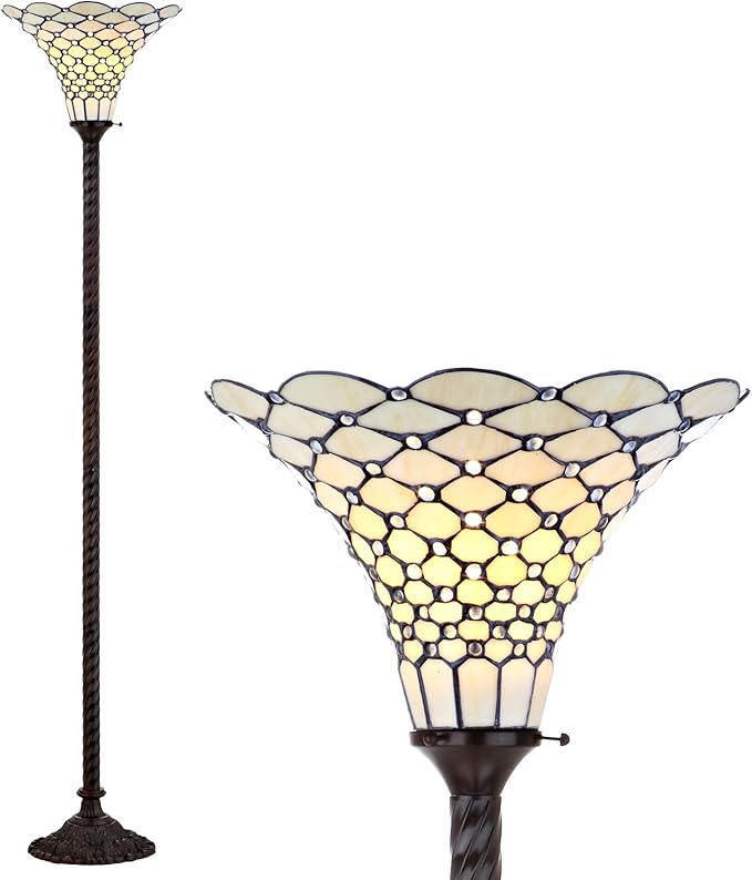 JONATHAN Y JYL8007A White Tiffany-Style 70" Torchiere LED Floor Lamp, Tiffany, Traditional, Art Nouveau Style, Office, Living Room, Family Room, Dining Room, Bedroom, Hallway, Foyer, Bronze - LeafyLoom