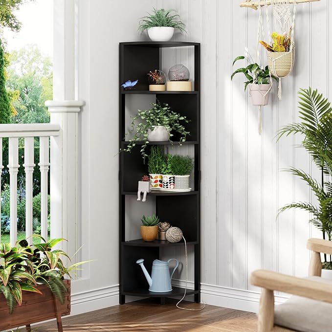 YITAHOME 6-Tier Corner Shelf, 68.8" Tall Modern Free Standing Zigzag Corner Bookshelf, 6 Shelf Display Corner Bookcase Open Small Book Shelves for Living Room, Home Office, Small Space, Black - LeafyLoom