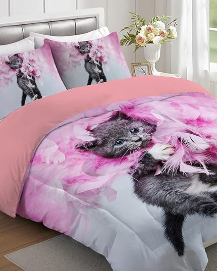 Cat Comforter Set Queen Size for Kids Pink Feathers Black Cat 3Pcs Bedding Set for boys and Girls (1Summer Comforter+ 2 Pillowcases) Lovely Animal Pets Duvet Set - LeafyLoom