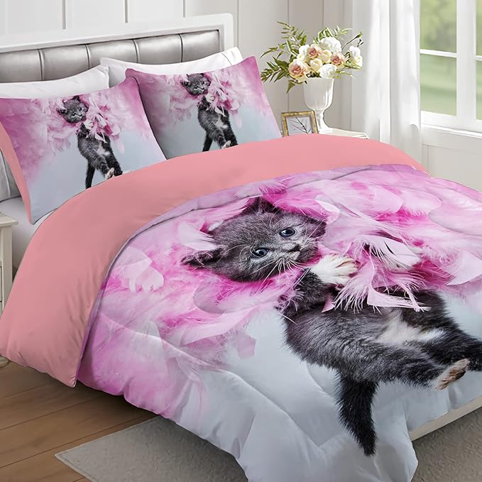 Cat Comforter Set Queen Size for Kids Pink Feathers Black Cat 3Pcs Bedding Set for boys and Girls (1Summer Comforter+ 2 Pillowcases) Lovely Animal Pets Duvet Set - LeafyLoom