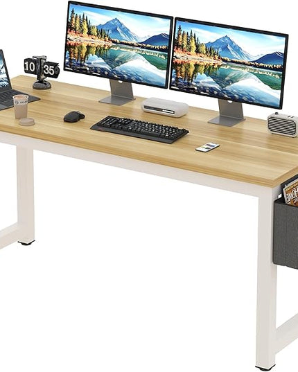 Computer Desk - 63 Inch Large Home Office Desk Wood Study Writing Table Workstation Storage Bag Headphone Hooks Simple Gaming Desk Rustic White/Walnut - LeafyLoom