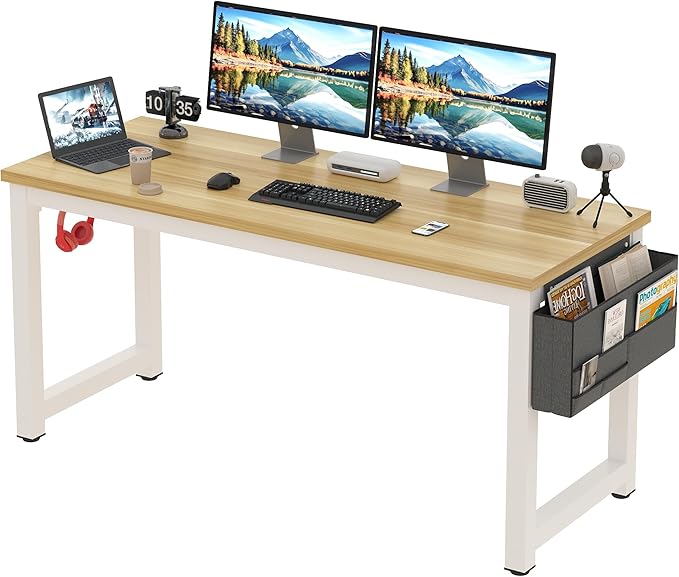 Computer Desk - 63 Inch Large Home Office Desk Wood Study Writing Table Workstation Storage Bag Headphone Hooks Simple Gaming Desk Rustic White/Walnut - LeafyLoom
