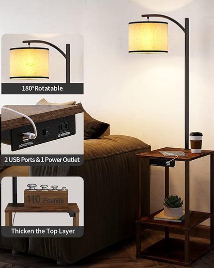 SUNMORY Rustic End Table Lamp with Table, Shelves, Charging Station(USB & AC Port) 3-Color Temperature LED Bulb For Floor, Living Room &, Bedroom(Brown) - LeafyLoom