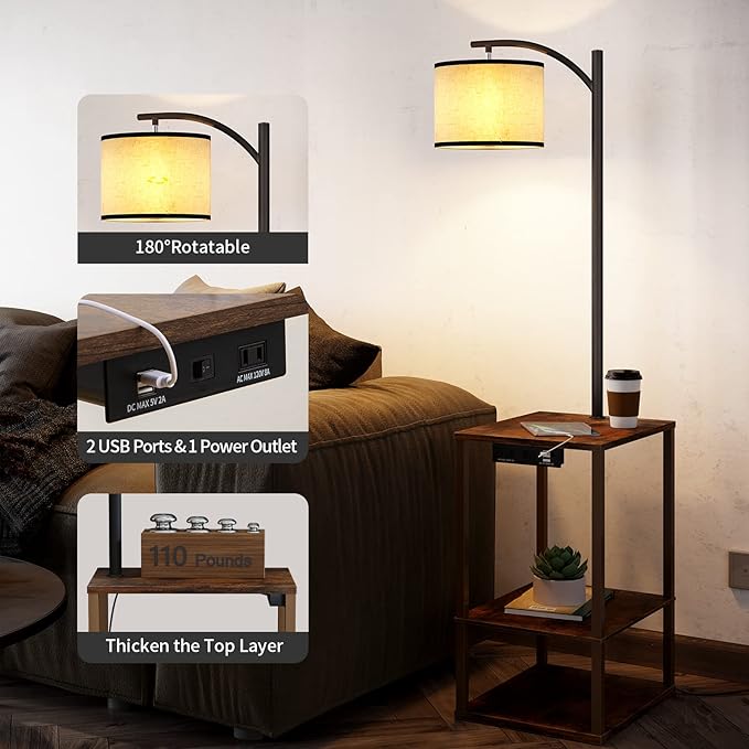 SUNMORY Rustic End Table Lamp with Table, Shelves, Charging Station(USB & AC Port) 3-Color Temperature LED Bulb For Floor, Living Room &, Bedroom(Brown) - LeafyLoom
