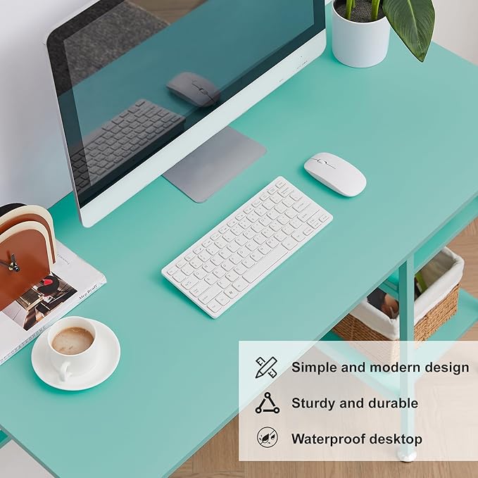 VECELO 43 Inch Computer Desk Writing Study Work Office Table Modern desk with shelves wooden desk for Home Bedroom,Blue Desk - LeafyLoom