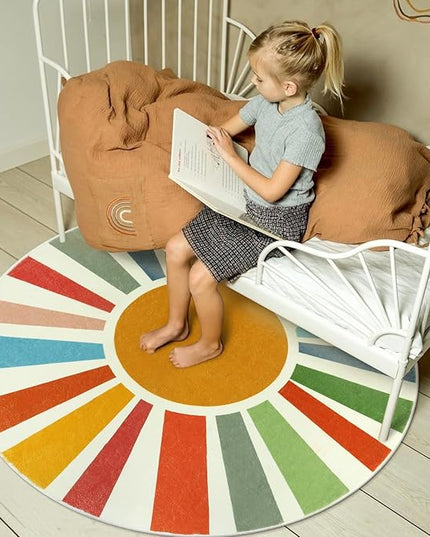 Small Round Rug 4 Ft Washable Round Rug for Kids Room, Colorful Sun Circle Rug for Playroom, Non-Slip Circular Office Carpet Soft Rainbow Rug for Bedroom Reading Corner Dorm - LeafyLoom