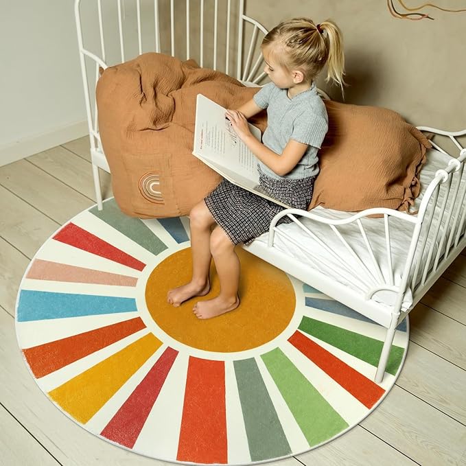 Small Round Rug 4 Ft Washable Round Rug for Kids Room, Colorful Sun Circle Rug for Playroom, Non-Slip Circular Office Carpet Soft Rainbow Rug for Bedroom Reading Corner Dorm - LeafyLoom