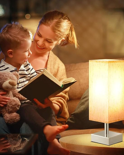 Beige Small Bedroom Lamp for Nightstand - Bedside Table Lamps with Sliver Base, Minimalist Night Stand Lamp with Square Fabric Shade, Desk Reading Lamp for Kids Room Living Room Office - LeafyLoom