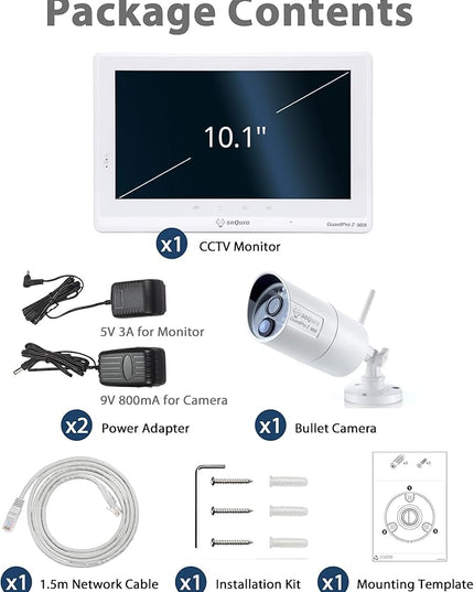 seQuro GuardPro 2 Wireless Security Camera System, 10.1-inch Touchscreen Monitor, 4CH DVR Kit, 1080p HD Outdoor Bullet Camera, Motion Detection, Night Vision, Waterproof, Free App, Home Security DVR sequro