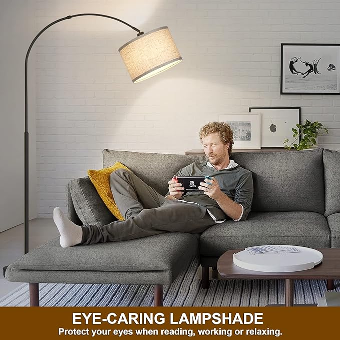 Arc Floor Lamps for Living Room, Modern Standing Lamp with Adjustable Hanging Drum Shade, Tall Pole Lamp with Foot Switch, Over Couch Arched Reading Light for Bedroom, Office (Black) - LeafyLoom