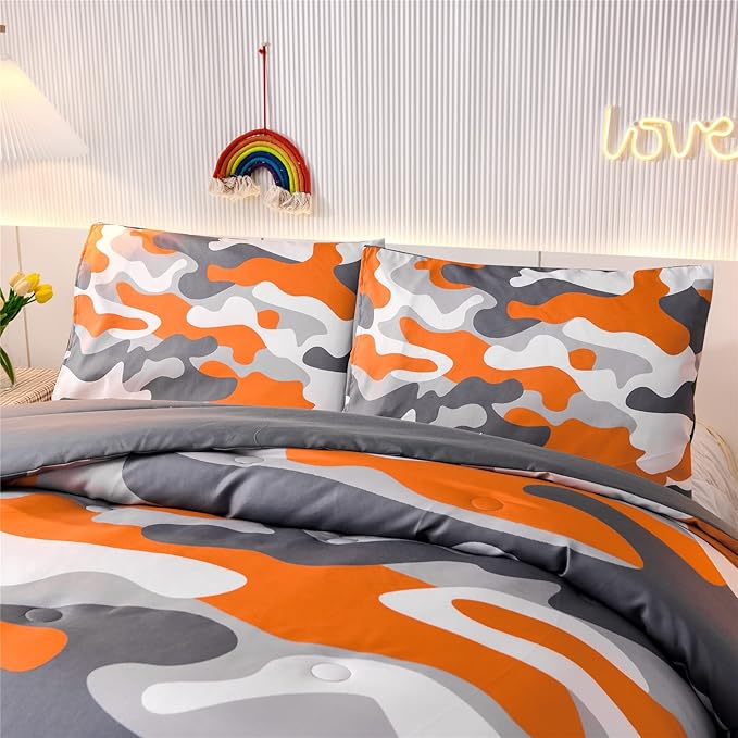 Meeting Story Kids Camo Bedding Set, Army Camouflage Bedding King Comforter Set for Boys Girls Teens Bedroom Decoration, 3Pcs (Orange, King) - LeafyLoom