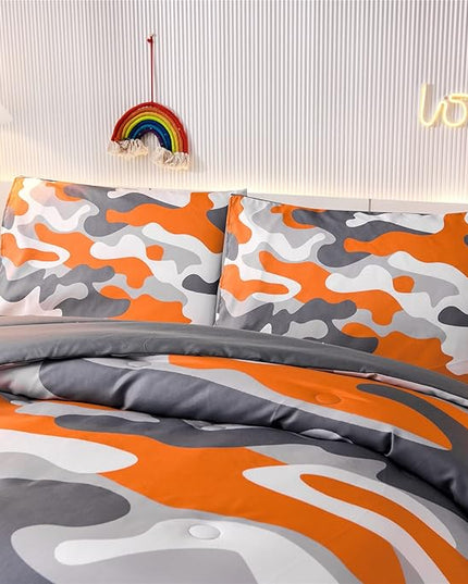 Meeting Story Kids Camo Bedding Set, Army Camouflage Bedding Twin Comforter Set for Boys Girls Teens Bedroom Decoration, 3Pcs (Orange, Full) - LeafyLoom