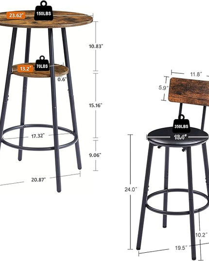 3 Pieces Bistro Table and Chairs Set, Industrial Counter Height Round Bar Table with Storage Shelf, 2 PU Upholstered Seat Stools with Backrest & Footrest, for Kitchen, Bar, Small Space, Rustic Brown - LeafyLoom