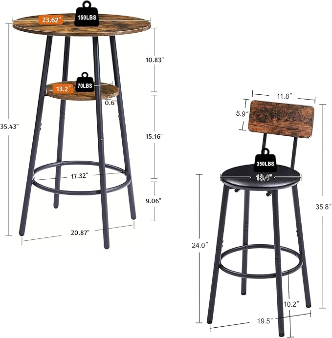 3 Pieces Bistro Table and Chairs Set, Industrial Counter Height Round Bar Table with Storage Shelf, 2 PU Upholstered Seat Stools with Backrest & Footrest, for Kitchen, Bar, Small Space, Rustic Brown - LeafyLoom