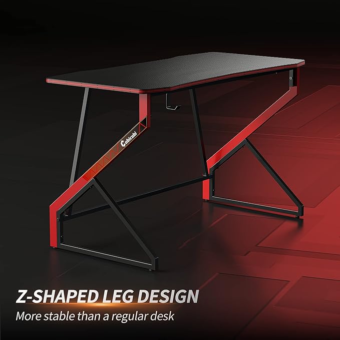 CubiCubi Simple Gaming Desk Z Shaped 55 inch Gamer Workstation, Home Computer Carbon Fiber Surface Gaming Desk PC Table with Headphone Hook - LeafyLoom