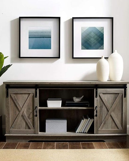 Walker Edison Richmond Modern Farmhouse Sliding Barn Door TV Stand for TVs up to 65 Inches, 58 Inch, Grey Wash - LeafyLoom