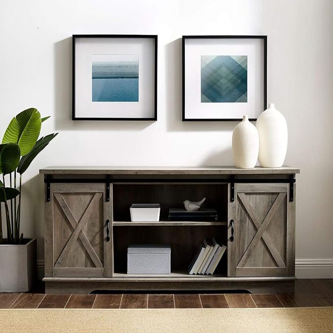 Walker Edison Richmond Modern Farmhouse Sliding Barn Door TV Stand for TVs up to 65 Inches, 58 Inch, Grey Wash - LeafyLoom