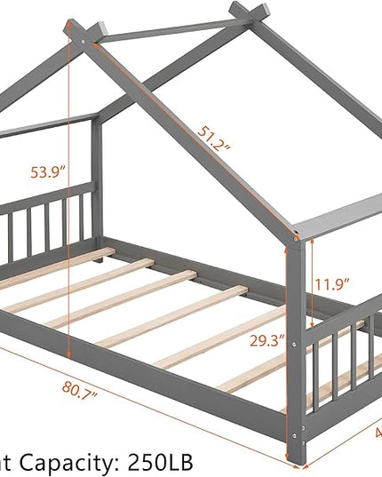 Kids Montessori Floor Bed Twin Size, Twin Floor Bed Frame with Headboard, Footboard and Slats, Wood Montessori Bed Twin Size/House Floor Bed for Kids, Girls, Boys, Gray Floor Bed - LeafyLoom