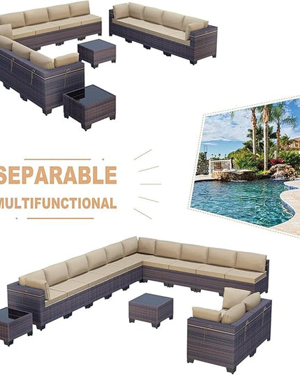 Kullavik 14PCS Outdoor Patio Furniture Set PE Wicker Rattan Sectional Sofa Patio Conversation Sets,Sand - LeafyLoom