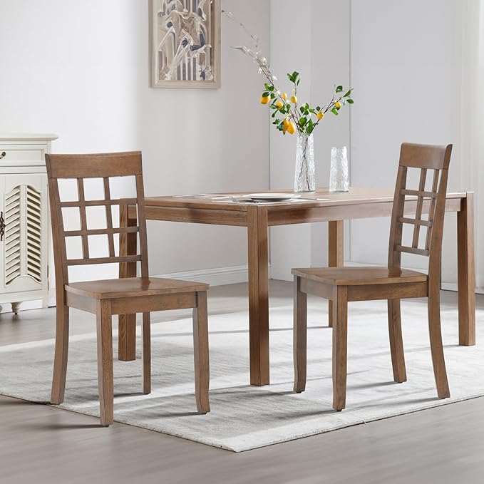 COLAMY Wooden Dining Chairs Set of 6, Nine-Square High Back Kitchen Side Chair, Farmhouse Dining Chairs for Kitchen and Dining Room, Light Brown - LeafyLoom