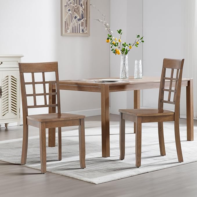 COLAMY Wooden Dining Chairs Set of 6, Nine-Square High Back Kitchen Side Chair, Farmhouse Dining Chairs for Kitchen and Dining Room, Light Brown - LeafyLoom