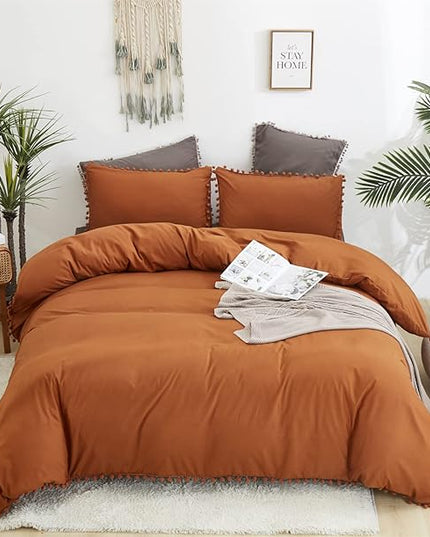 Pumpkin Comforter Set King Burnt Orange Pom Comforter 3 Pieces Pumpkin Color Boho Ball Pom Fringe King Comforter Bedding Set Women Solid Pumpkin King Bed Comforter Set All Season Gift - LeafyLoom