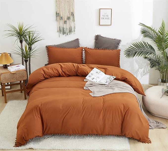 Pumpkin Comforter Set Full Burnt Orange Pom Comforter 3 Pieces Pumpkin Color Boho Ball Pom Fringe Full Comforter Bedding Set Women Solid Pumpkin Full Bed Comforter Set All Season Gift - LeafyLoom