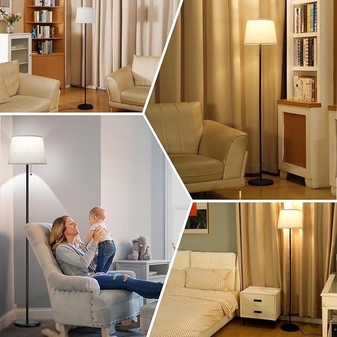 Floor Lamps for Living Room - 3 Color Temp(3000/4000/5000K) Standing Lamp with Pull Chain Switch, Black Floor Lamp with Lampshade, Modern Tall Light for Bedroom Office(9W Bulb Included) - LeafyLoom