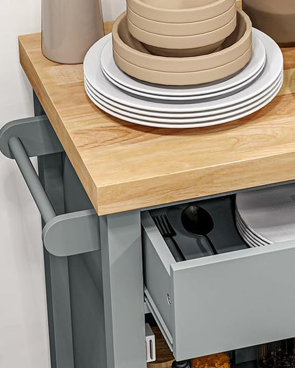 HOMCOM Utility Kitchen Cart, Rolling Kitchen Island with Smooth Rubberwood Top, Narrow Butcher Block Surface on Wheels with Storage Drawer & Cabinet, Gray - LeafyLoom