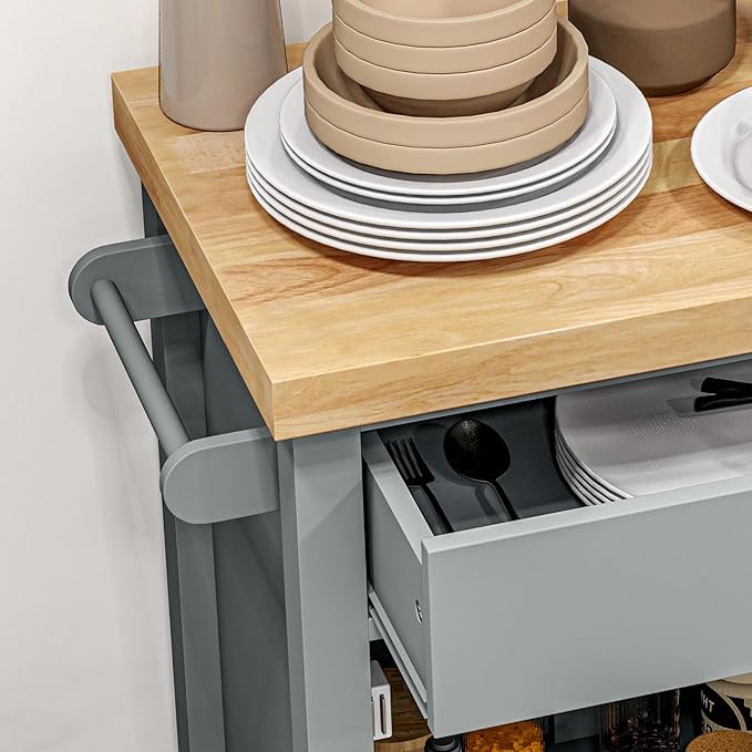 HOMCOM Utility Kitchen Cart, Rolling Kitchen Island with Smooth Rubberwood Top, Narrow Butcher Block Surface on Wheels with Storage Drawer & Cabinet, Gray - LeafyLoom
