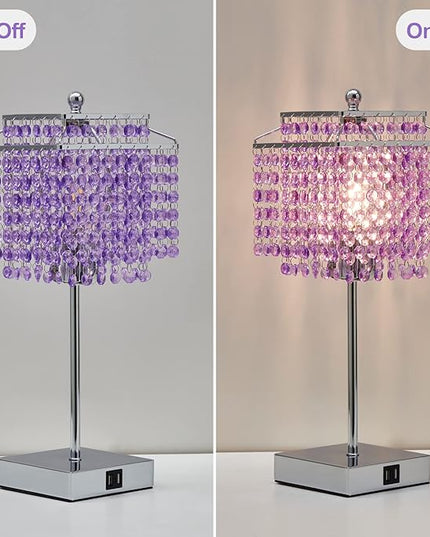 Luvkczc Bedside Crystal Table Lamp, Touch Crystal Lamps with USB C+A Ports, 3-Way Dimmable Purple Lamp with Crystal Shade for Girl Bedroom, Living Room, 6W B11 Bulb Included - LeafyLoom
