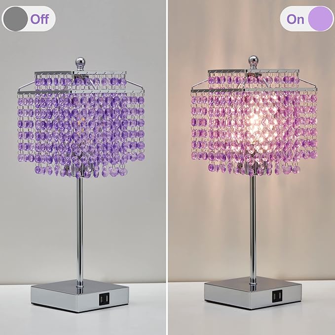 Luvkczc Bedside Crystal Table Lamp, Touch Crystal Lamps with USB C+A Ports, 3-Way Dimmable Purple Lamp with Crystal Shade for Girl Bedroom, Living Room, 6W B11 Bulb Included - LeafyLoom