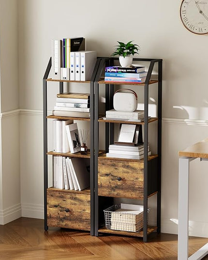 5 Tier Bookshelf, Book Shelf with Removable Drawer, Tall Narrow Bookcase with Shelves, Standing Display Shelf, Storage Organizer, for Bedroom, Home Office, Rustic Brown and Black SJ05BR - LeafyLoom