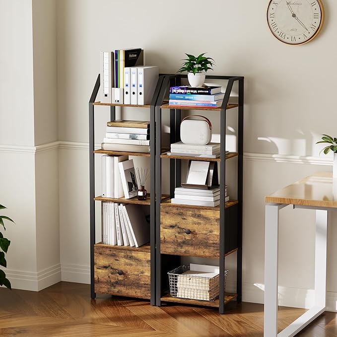 5 Tier Bookshelf, Book Shelf with Removable Drawer, Tall Narrow Bookcase with Shelves, Standing Display Shelf, Storage Organizer, for Bedroom, Home Office, Rustic Brown and Black SJ05BR - LeafyLoom