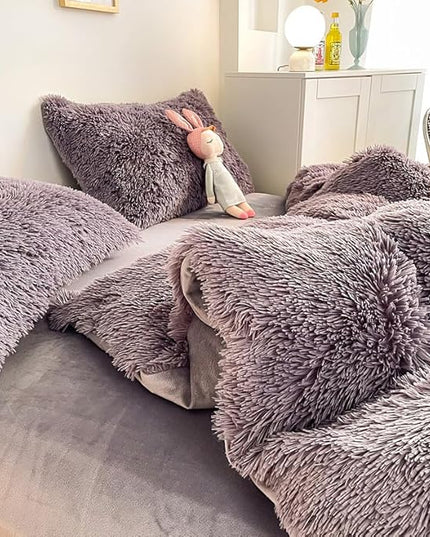 Faux Fur Kid Girls Purple Comforter Sets King - 3PC Bed Set Warm Comfortable Soft Plush Flannel Velvet Fluffy Fuzzy Bedding（Comforter x 1 Pillowcases x 2） - LeafyLoom