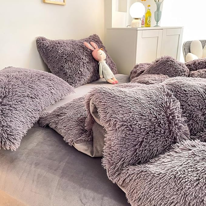 Faux Fur Kid Girls Purple Comforter Sets Queen - 3PC Bed Set Warm Comfortable Soft Plush Flannel Velvet Fluffy Fuzzy Bedding（Comforter x 1 Pillowcases x 2） - LeafyLoom