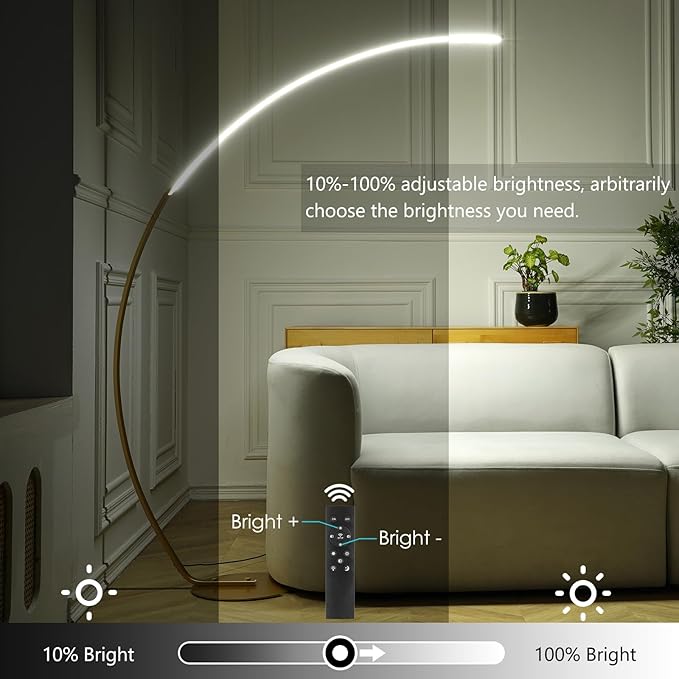 NUÜR Arc Floor Lamp, 67" Tall Gold LED Modern Standing Floor Lamp with Remote Control, Arched Bright Floor Lamps for Living Room Bedroom Office Home - LeafyLoom