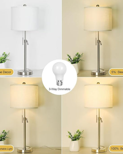 Brushed Nickel Table Lamps Set of 2: 22" to 30" Height Adjustable Nightstand Lamps with White Linen Shade | Pull Chain Switch | Silver Pole Beside Lamp for Living Room Bedroom - LeafyLoom