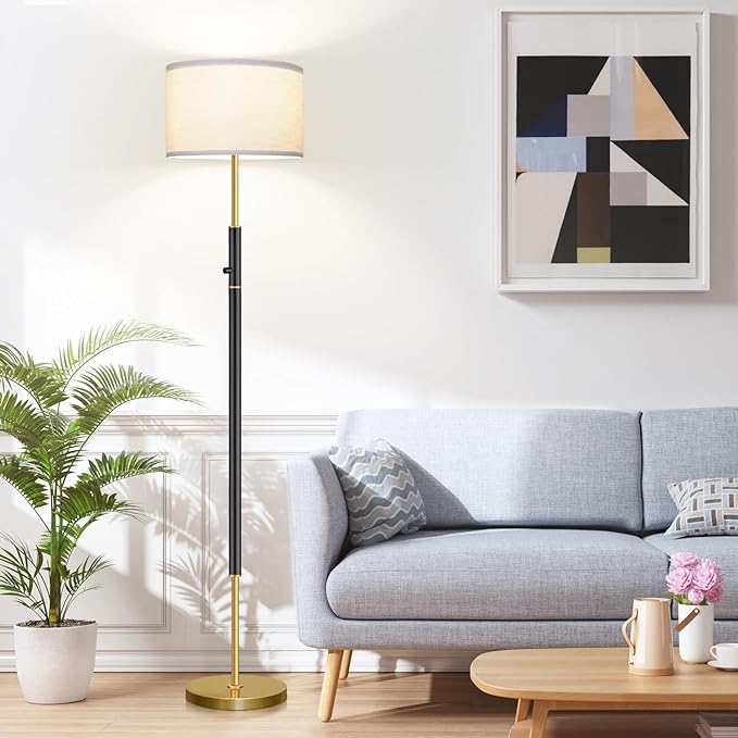 【Upgraded】 Dimmable Floor Lamp for Living Room, 1100 Lumens LED Edison Bulb Included, Simple Standing Lamp with Linen Lamp Shade, Modern Tall Lamp for Living Room Bedroom Office - Black and Gold - LeafyLoom